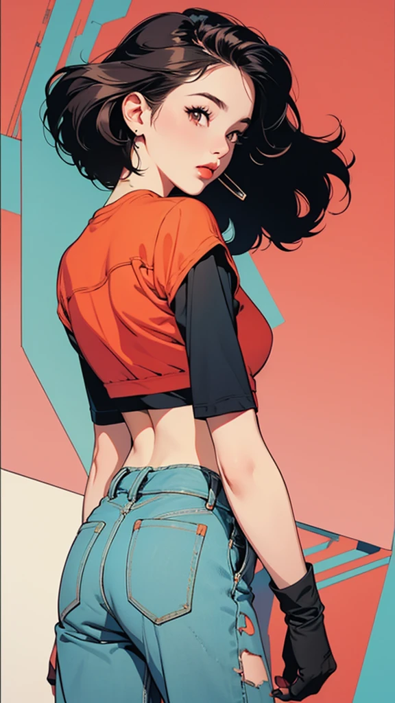 woman, 90's, retro, crop top, (flat colors, flat texture, lineart:1.2), graphical design, view from behind