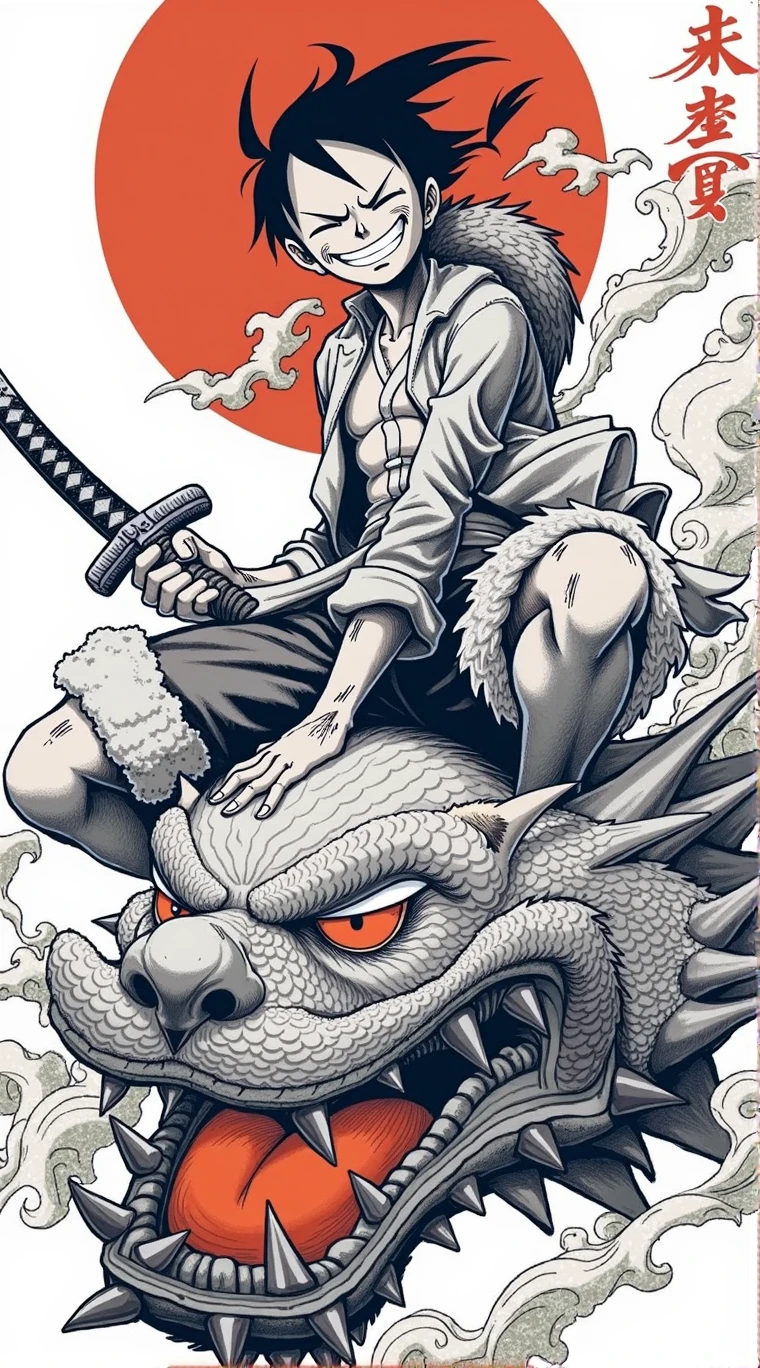 a drawing of a Luffy with a sword sitting on a Dragon's head, inspired by Kanō Hōgai, Inspired by Shunkōsai Hokushū, inspired by Kawanabe Kyōsai, inspired by Kikuchi Yōsai, shohei otomo, samurai style, inspired by Tōshūsai Sharaku, afro samurai manga style