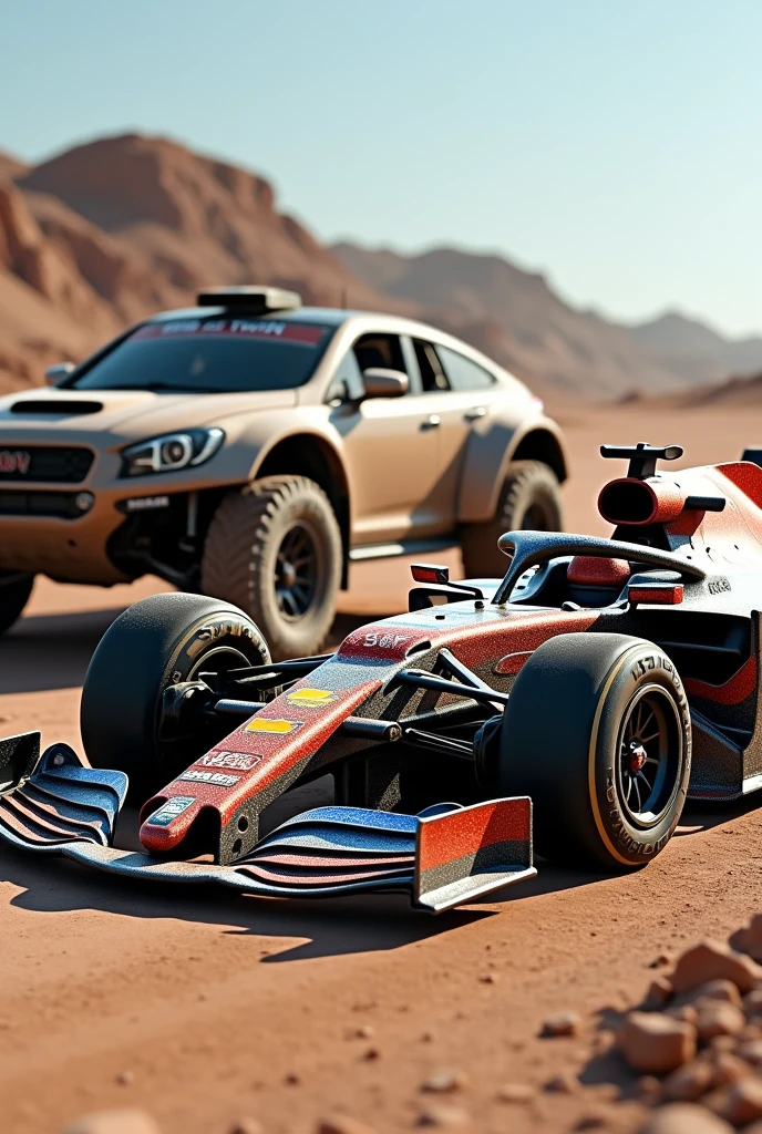Formula 1 car next to a rally car