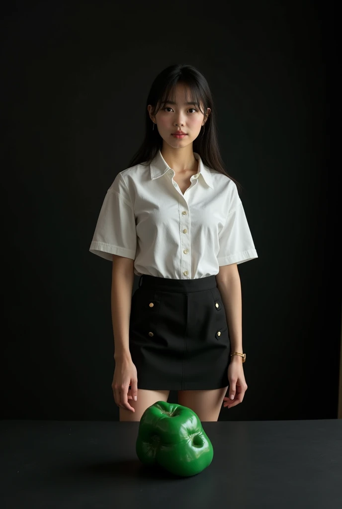 main item is a high ,black ,huge surface ,table displaying a very small green cude(size like a fist) with no shadow ,  
and a ars old ,,CUTE, BEAUTIFUL ,asian, with Bangs,white shirt,black short skirt, super huge boobs(34 E CUP) ,very white skin tone teenager standing next to it 
and the whole body facing the camera
the back ground is a black wall
taking a realistic far view photo