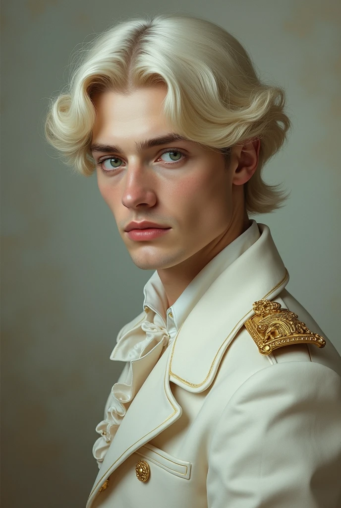 Man in his 20s, Soft platinum blonde hair, light green eyes, languid eyes, A handsome man with fair and beautiful skin, Nobility, Holy Appearance, bust, expressionless, Aristocratic attire, painting