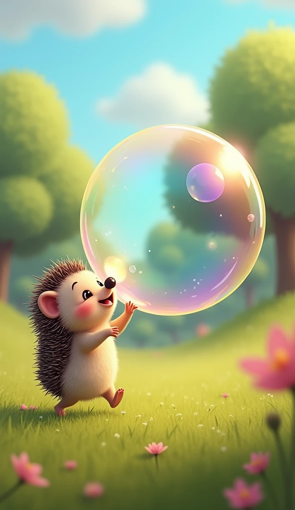 A cute and charming hedgehog character is playfully chasing a giant bubble that’s much larger than itself. The hedgehog, with its tiny paws outstretched and an excited smile on its face, dashes across a grassy field as the bubble floats just out of reach. The bubble reflects the surrounding colors of the sky, trees, and flowers, creating a rainbow of shimmering hues. The hedgehog's quills bounce with each eager step, and its eyes are wide with delight as it tries to catch the elusive bubble. The scene is filled with a sense of joy and wonder, capturing the playful nature of the hedgehog as it enjoys this magical moment of fun and discovery.