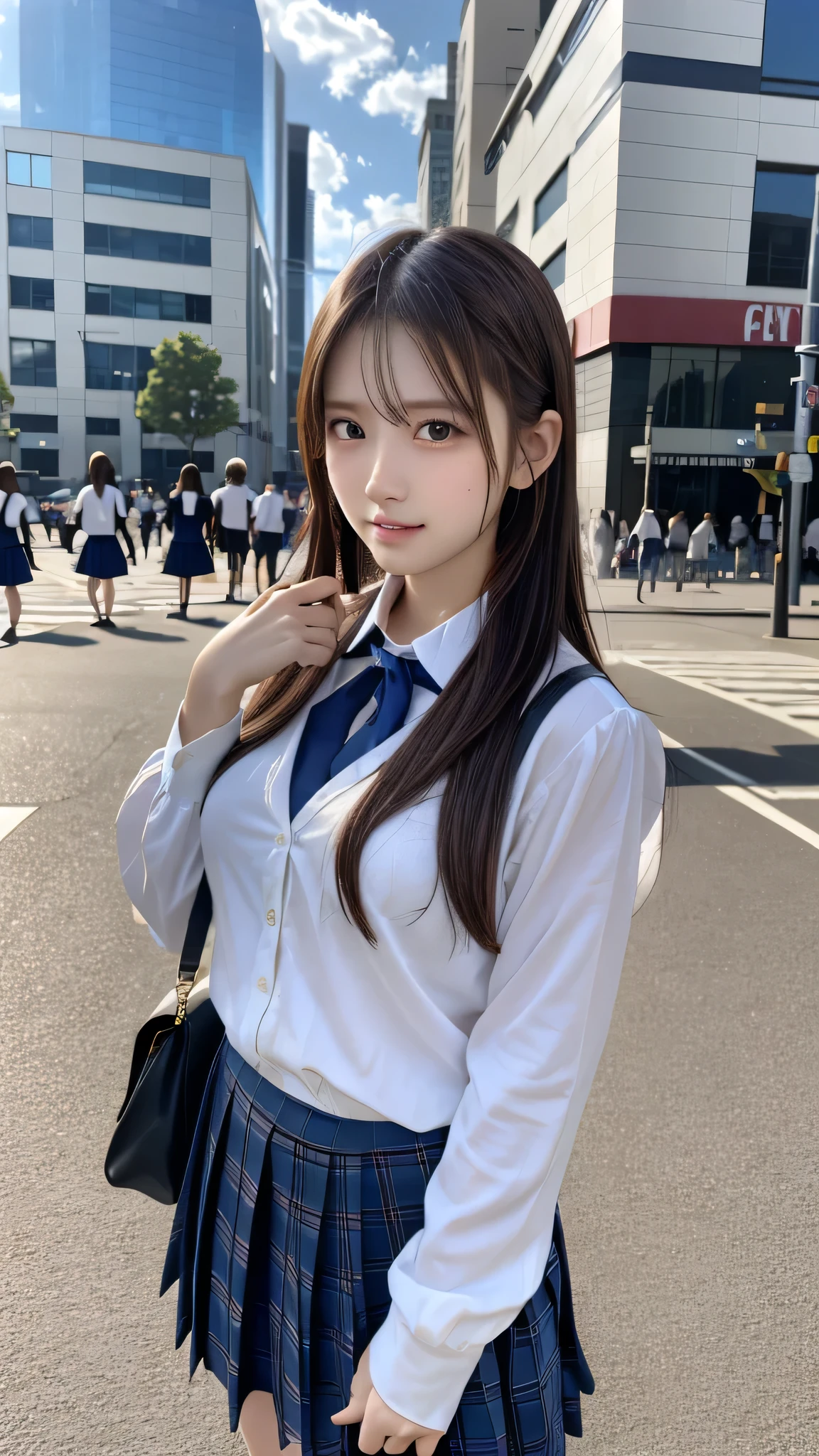 in 8K，photos realistic (1 Cute Japanese Idol ) low-tied long hair, Thin makeup, Medium chest size, Close-up portrait, nffsw、Punk Girl、Pendants,breasts deep cleavage、FULL BODYSHOT、beauty legs、Beautiful legs、-yeld ,(er beautiful girl:1.5)、(A detailed face)、Adult face、Bare legs, thighs、a closeup、full body Esbian、Nasty eyes、((Random poses:1.5)),((full shot:1.5)),((beautiful skin:1.5)) ,,((School uniform:1.5)),((Around town)),((Date in the city:1.5))