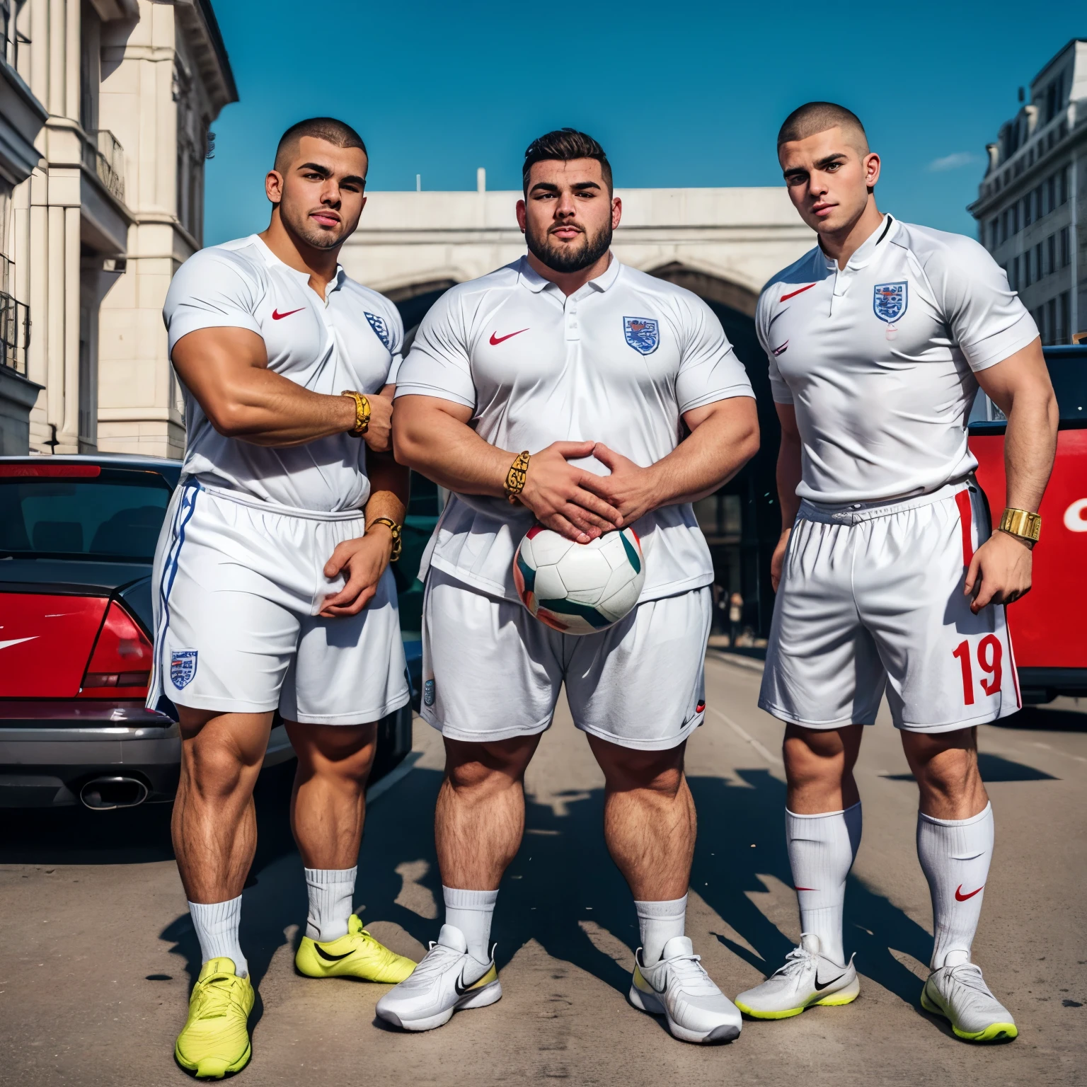 full view full body, three very fat 22 yo different white handsome swaggy chavs guys with buzzcut haircuts, with a very big paunch and thick chubby legs and soccer England jerseys and shorts, long white soccer socks and various Nike air max plus sneakers, chunky gold chains, braceletss and rings, posing for a photo on Picadilly Circus, London, a kid behind mocking them