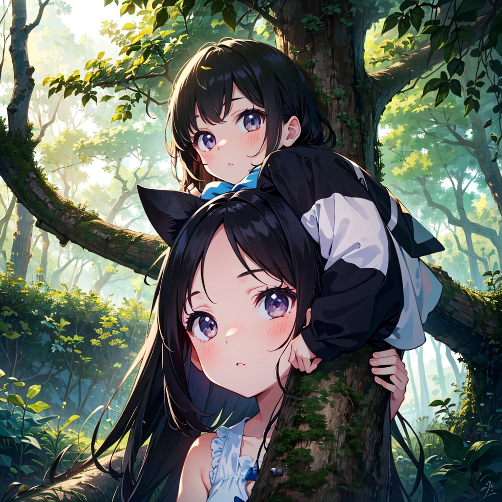 {{{Masterpiece, highest quality, high-resolution background}}}, bright and beautiful atmosphere, 1 girl (7 years old, round face, baby face), small breasts, easy-to-move clothes, girl climbing a thick tree, "deltamon_sdXL :0.73) >Deltamon”