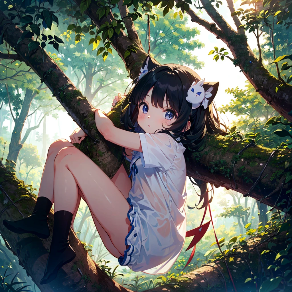 {{{Masterpiece, highest quality, high-resolution background}}}, bright and beautiful atmosphere, 1 girl (7 , round face, baby facebreasts, easy-to-move clothes, girl climbing a thick tree, "deltamon_sdXL :0.73) >Deltamon”