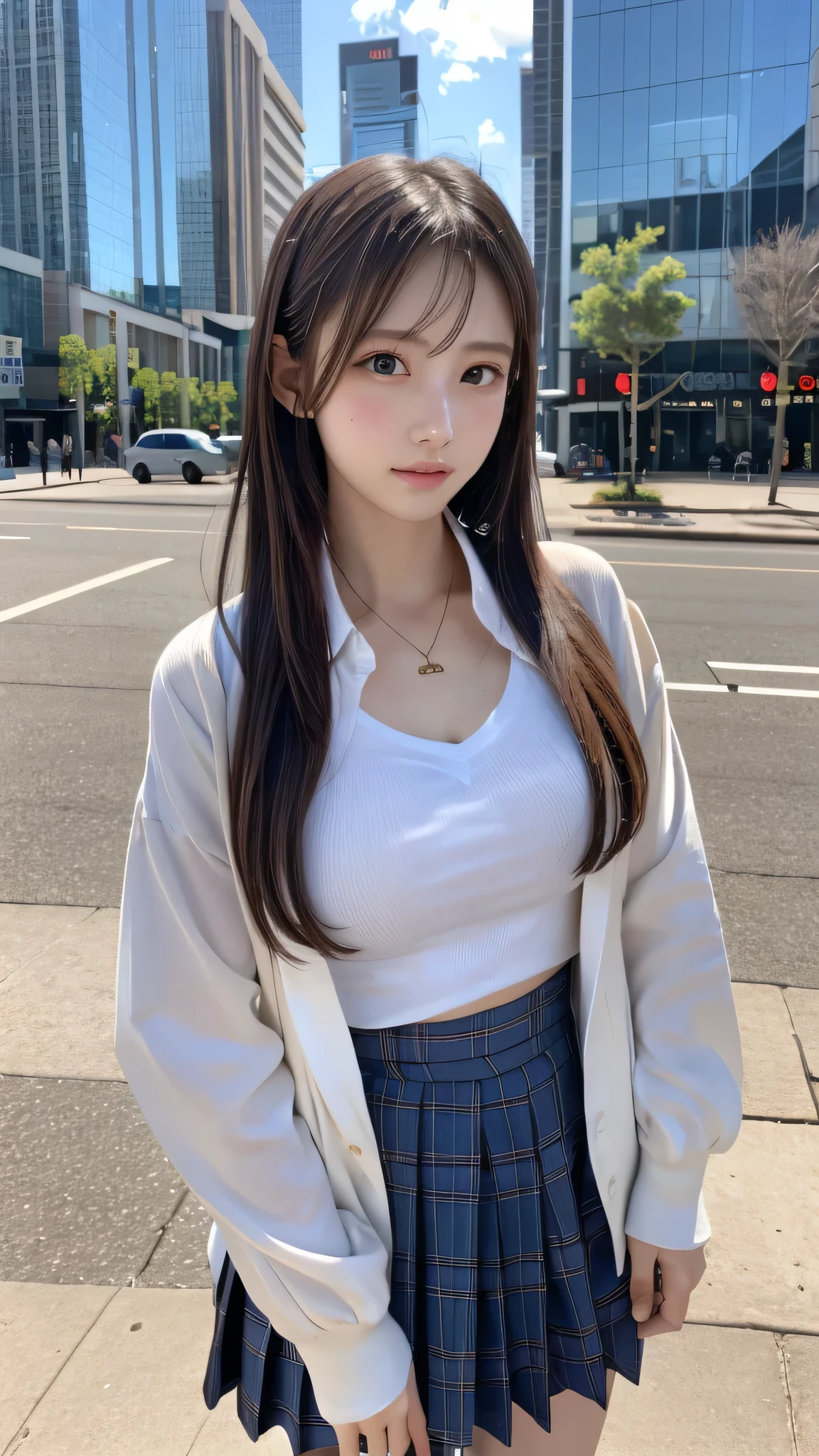 in 8K,photos realistic (1 Cute Japanese Idol ) low-tied long hair, Thin makeup, Medium chest size, Close-up portrait, nffsw、Punk Girl、Pendants,breasts deep cleavage、FULL BODYSHOT、beauty legs、Beautiful legs、16-year-old ,(Super beautiful girl:1.5)、(A detailed face)、Adult face、Bare legs, thighs、a closeup、full body Esbian、Nasty eyes、((Random poses:1.5)),((full shot:1.5)),((beautiful skin:1.5)) ,,((School uniform:1.5)),((Around town)),((Date in the city:1.5))