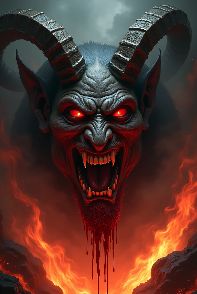 Face of Satan with fire and blood in hell, occultism, darkness, Baphomet, Satanism