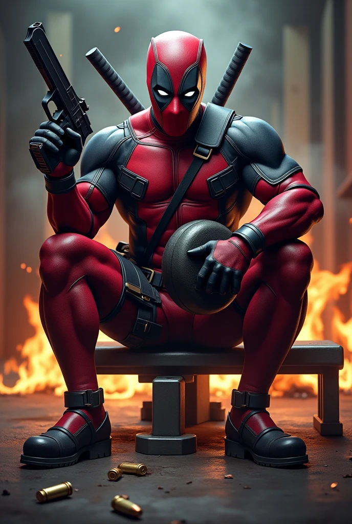 Create a Deadpool in a gym that is sitting on a bench and in one hand he has a gun and the other hand is lifting a large weight and that looks strong and aggressive in a gym environment that the Deadpool is angry and that Allan has bullet cartridges on the floor and also fire that makes it look crazy