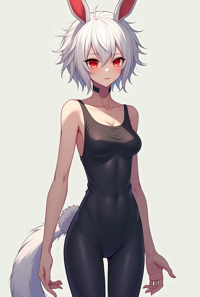 Appearance: "6'3ft (190cm)" + "Slender toned body" + "Slim waist" + "Towering figure" + "Light skin tone" + "Crimson eyes" + "White hair" + "Messy shaggy haircut, shorter around the crown with longer layers in the back" + "White bunny ears and small fluffy bunny tail" + "Small but sharp fangs" + "Pretty features"+ "Long and slender fingers" anime guy