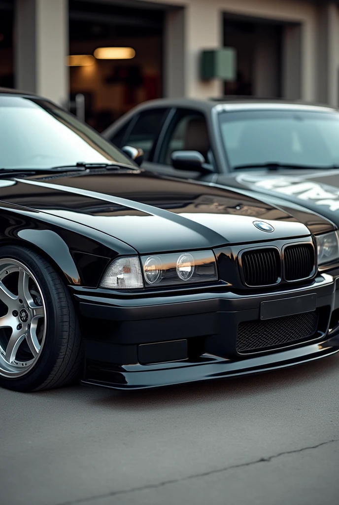 Two lowered black BMW e36s with IRON GARAGE written on them
