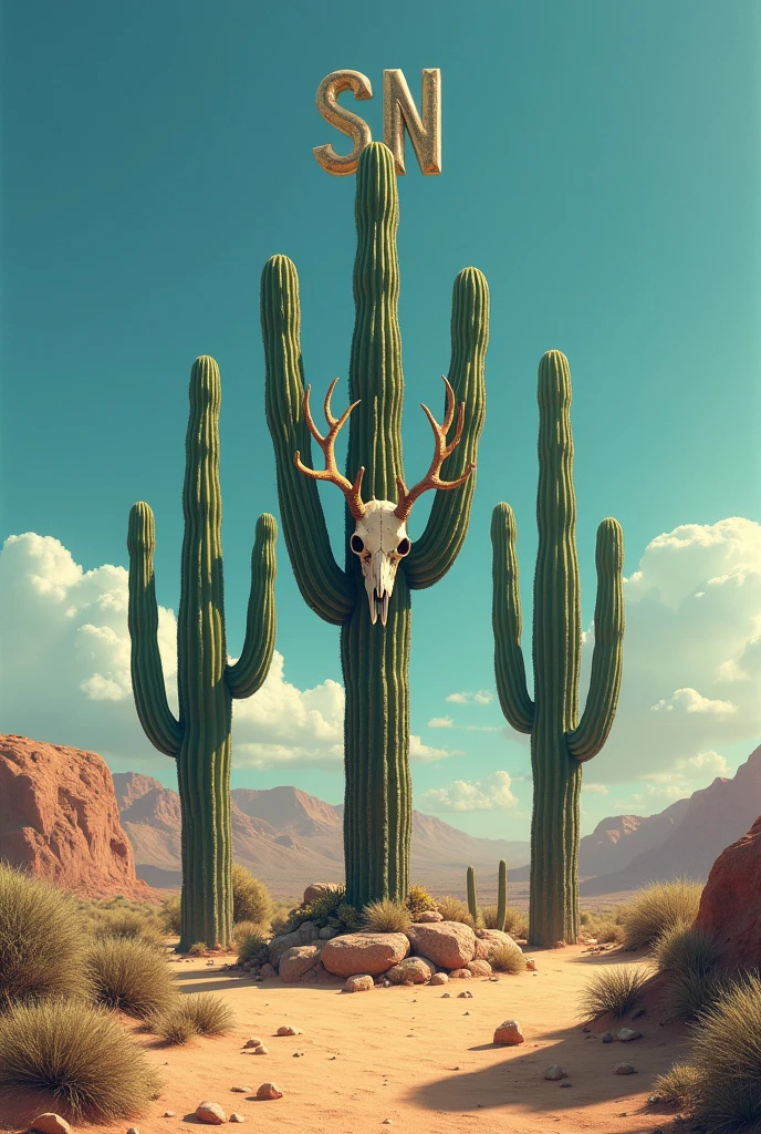 Desert with three cacti with a deer skull in the center but a little higher but Mexican,
With the letters SN at the top center