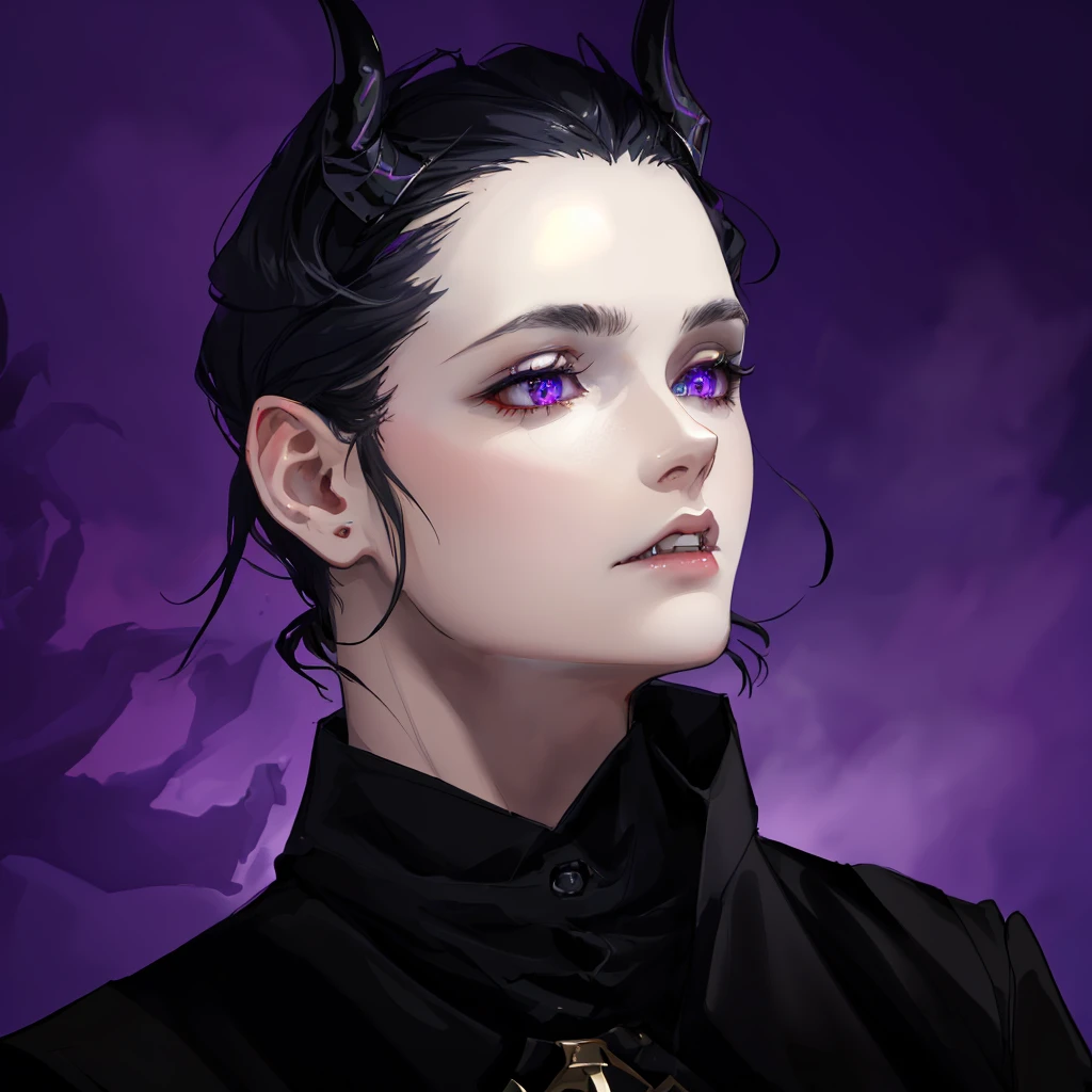a dark daemon, demonic humanoid figure, horns, glowing purple eyes, sharp fangs, clawed hands, skeletal, ethereal, smoky dark aura, gothic, moody dramatic lighting, (best quality,4k,8k,highres,masterpiece:1.2),ultra-detailed,(realistic,photorealistic,photo-realistic:1.37),dark fantasy,dramatic composition,intricate details,cinematic
