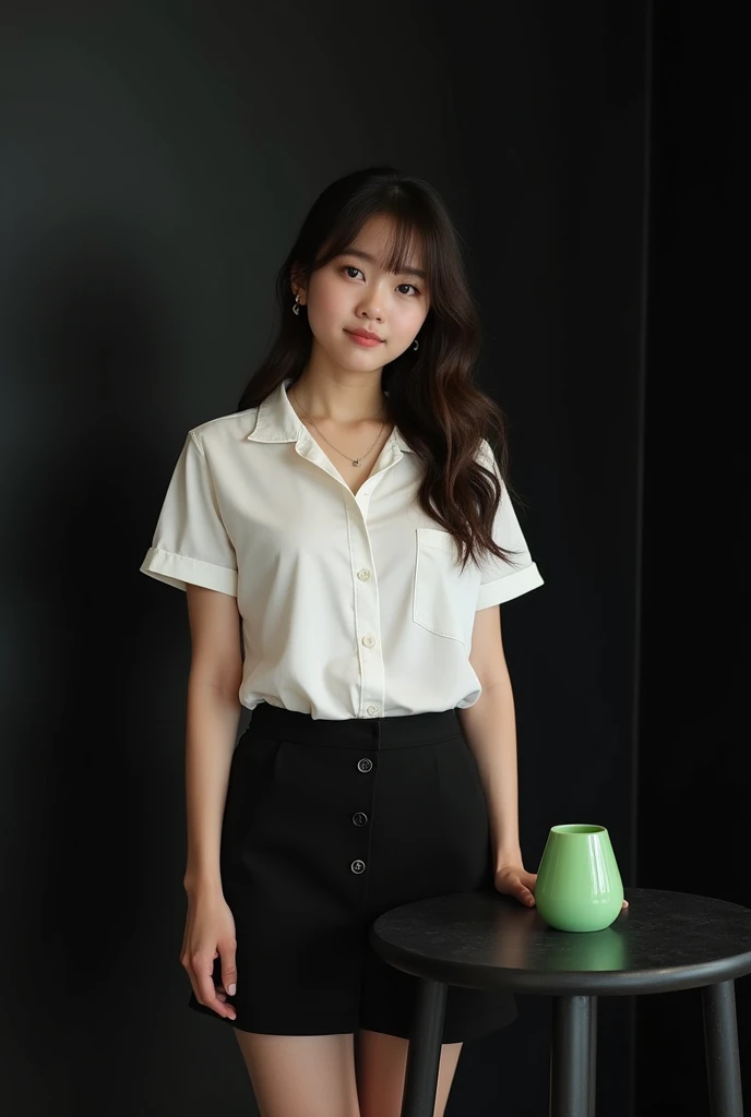 main item is a high ,black ,huge surface ,table displaying a very small green cude(size like a fist) with no shadow ,
and a 16years old ,,CUTE, BEAUTIFUL ,asian, with Bangs,white shirt,black short skirt, super huge boobs(34 E CUP) ,very white skin tone ager standing next to it
and the whole body facing the camera
the back ground is a black wall
taking a realistic far view photo