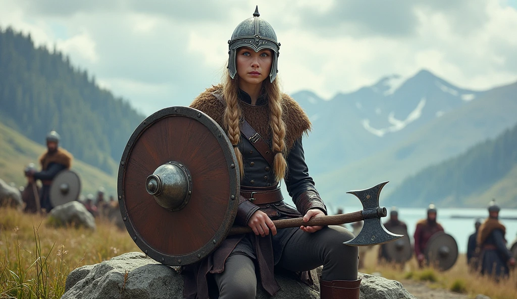 (Gaia Weiss, wearing a viking helmet:1.2), an illustrated movie poster, hand-drawn, full color, Norwegian girl, a viking 20 years old shield-maiden girl with a viking helmet, holding a small viking melee battle ax, runners slim body, thin face, wearing a typical female warrior costume, mainly leather with metal bits, viking pants, heavy leggings and boots, she has pale skin, blue-grey eyes, light blonde long braided hair, posing on a rock, hard shadows, graphite shading, stencil marks, airbrushed acrylic paint, masterpiece, in the style of Vikings series, Norwegian battlefield landscape in the background, she is surrounded by other viking warrior