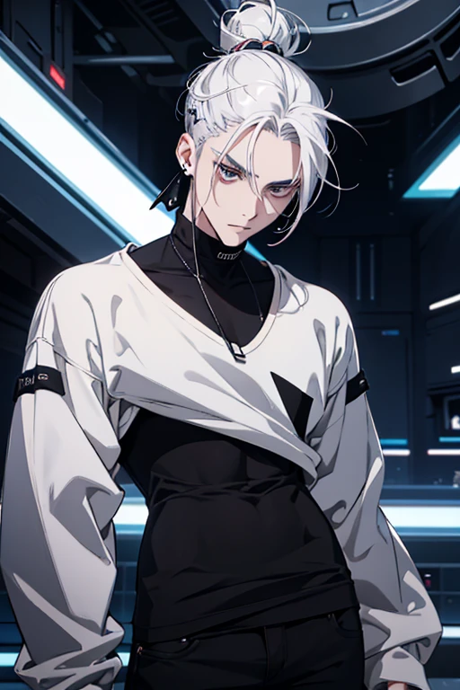 Anime man gradient young white hair low on shaved sides turns hair bun to the left side in the middle serious face with black earrings black clothes black pants black futuristic men's clothes black circles under his eyes big black hair big brown hair extremely futuristic clothes futuristic clothes futuristic clothes black pants men's futuristic overcoat
