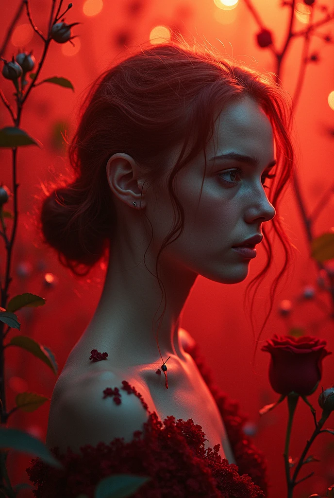 Alerta positivo: Compose a deeply emotional and visually stunning image of a young Norwegian girl in the Garden of Eden, naked next to a fort, blue eyed english man, Tom Hiddleston, Delicate roses in the background. Incorporates abstract art elements with 1,6 aspect ratios and broken glass effect, transmitting shattered memories, and a red background with vivid shades of red, orange, and ebony. To increase the emotional impact, they include rose thorns dripping blood, enhancing the overall beauty and evocative nature of the piece. Use hyper-detailed and intricate elements, bringing the final image to life with 8K HDR and luminous lighting. The dramatic atmosphere highlights the details, high quality nature of this stunning work of art.