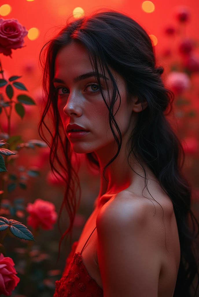 Alerta positivo: Compose a deeply emotional and visually stunning image of a young Norwegian girl in the Garden of Eden, naked next to a fort, blue eyed english man, Tom Hiddleston, Delicate roses in the background. Incorporates abstract art elements with 1,6 aspect ratios and broken glass effect, transmitting shattered memories, and a red background with vivid shades of red, orange, and ebony. To increase the emotional impact, they include rose thorns dripping blood, enhancing the overall beauty and evocative nature of the piece. Use hyper-detailed and intricate elements, bringing the final image to life with 8K HDR and luminous lighting. The dramatic atmosphere highlights the details, high quality nature of this stunning work of art.