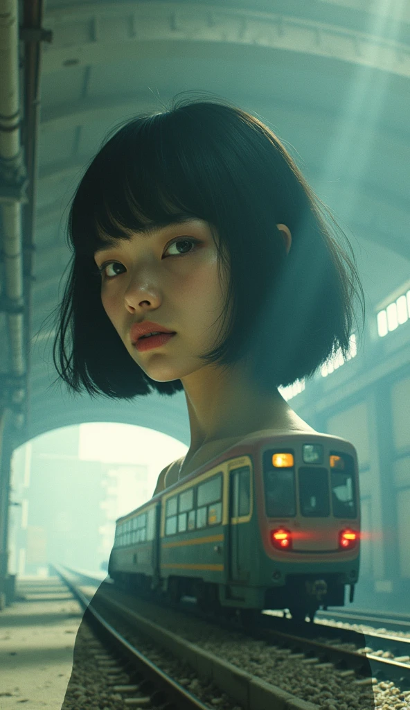 Edit Photos,Highly detailed background,Ultra-realistic,Double exposure,Depth of written boundary,Summer atmosphere,Soft Focus Tone,Story Scene,Very thin,Straight hair,short cut bangs,super slim eyes,Train passing through viaduct,Underground,From below,