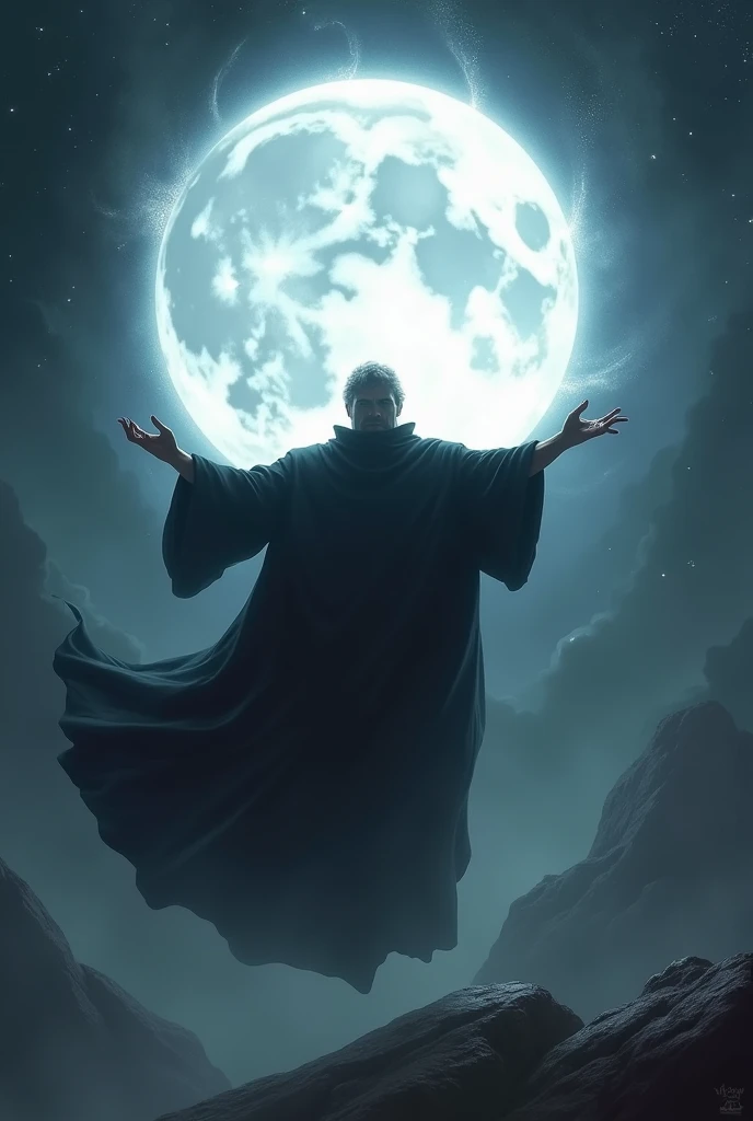 a wizard with open arms as he levitates in the skies, black cape, facing a white eclipse while the skies are black