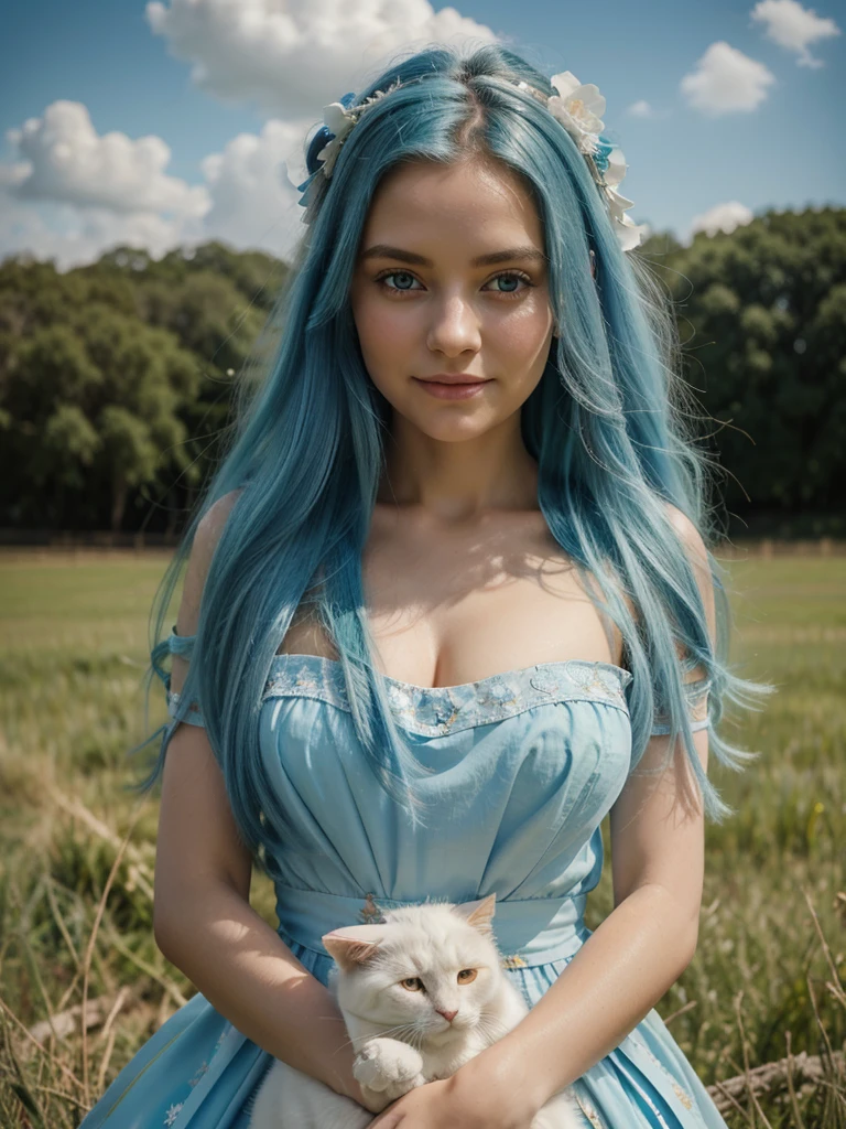 masterpiece of hand-painted art, rough fiber art painting, oil painting of a beautiful woman wearing a light blue dress, long flowing hair and a light blue ribbon on top of her head, gentle gaze and sweet smile, while hugging a white Angora cat with long thick hair and blue eyes with a background of green grass, aesthetic cloudy sky, colored twilight. red, digital oil painting