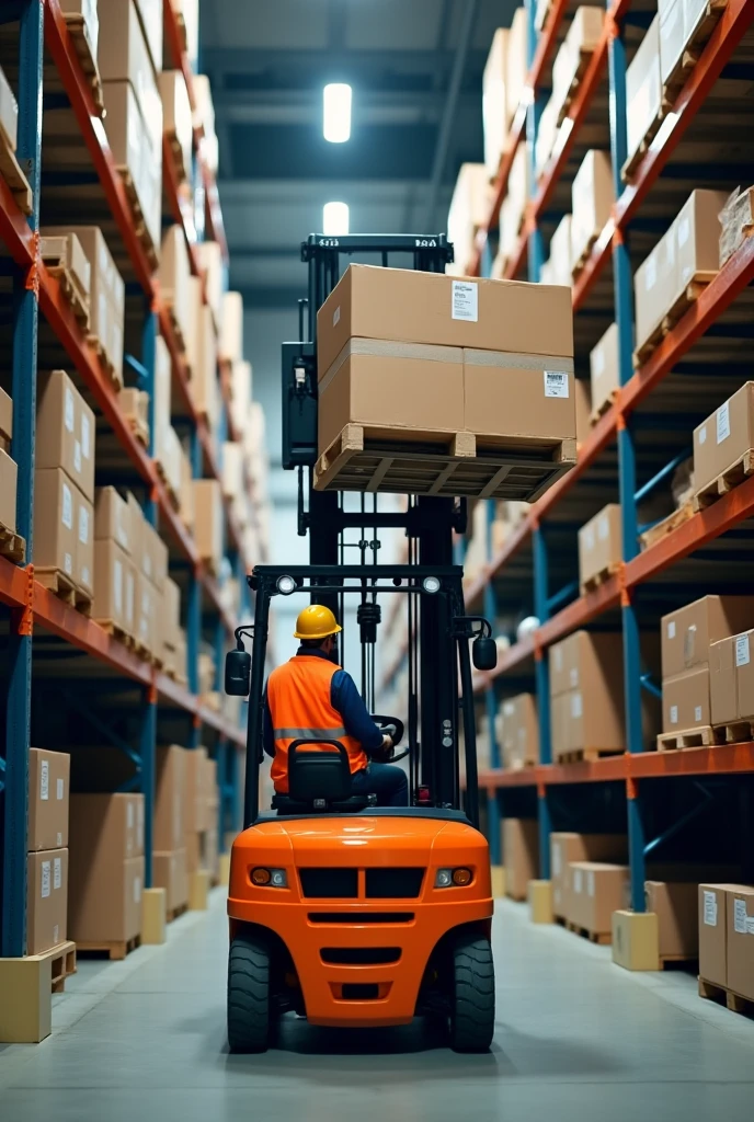 a forklift lifting a box to put on the shelf