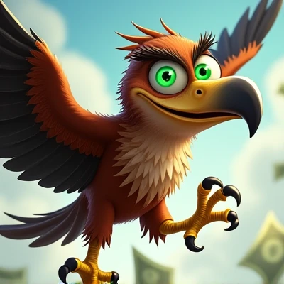 Image Description: A caricatured hawk, with a lively and expressive look, who embodies the idea of a bargain hunter. He has big, bulging eyes, with pupils shaped like green dollar signs, symbolizing his obsession with savings. Its beak is big, bent over and smiling, exuding confidence and cunning. He must have an expression of eagerness, with a touch of humor, reflecting the idea of always being on the hunt for the best deals. Specific Details: Head and Eyes: The hawk has a disproportionately large head, with eyes that take up a good part of the face. Dollar-shaped pupils glow green, with a touch of madness, but friendly. beak: Its beak is wide and smiling, curved at the tip, with a glow that indicates his intelligence and agility. Farbepo: The hawk's body is muscular, but with a cartoonish air, its wings are large and open, as if ready to fly towards the next big deal. Farbe: The plumage is a deep brown, with black details on the wings and tail. There is also a metallic sheen on the body., symbolizing how quickly he finds promotions. context/Background: The background can be a sunny sky or with clouds., but the main focus is on the hawk, with a subtle detail of money notes or price tags flying around it.