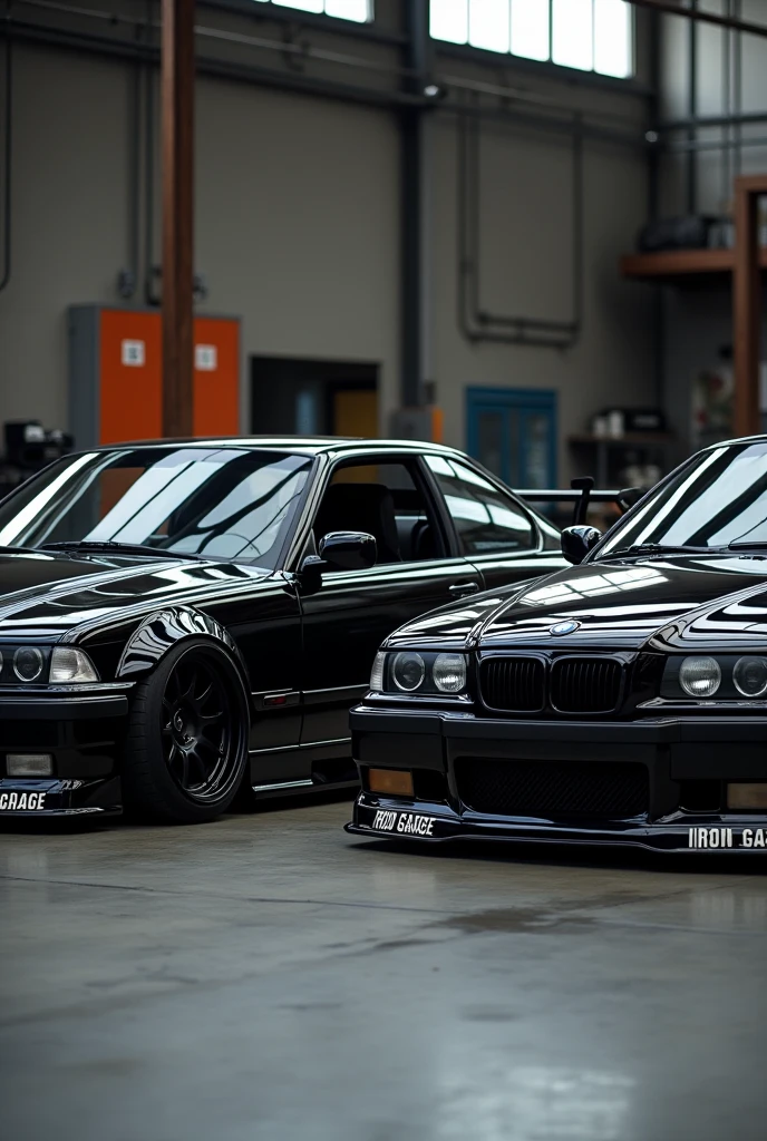 Two black BMW e36s with IRON GARAGE written on them