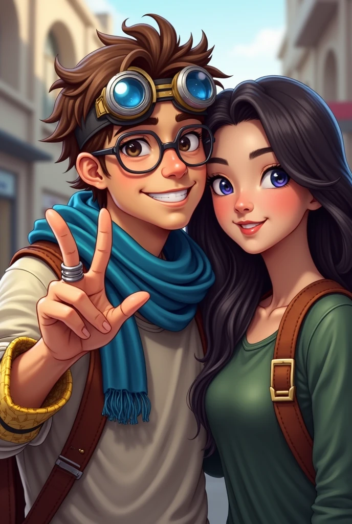 The image shows a guy with a friendly smile.. He has brown hair, slightly wavy, and they cover the forehead a little. On his head are glasses or goggles with blue lenses.. naked guy , which is decorated with a blue scarf with a checkered pattern. He shows the peace sign (V-shaped gesture) Right hand, on whose fingers you can see rings. The sleeves of his shirt are trimmed with gold edging., and on the left sleeve you can see a cuff with a dark stripe.  And next to her stands a beautiful Asian woman 