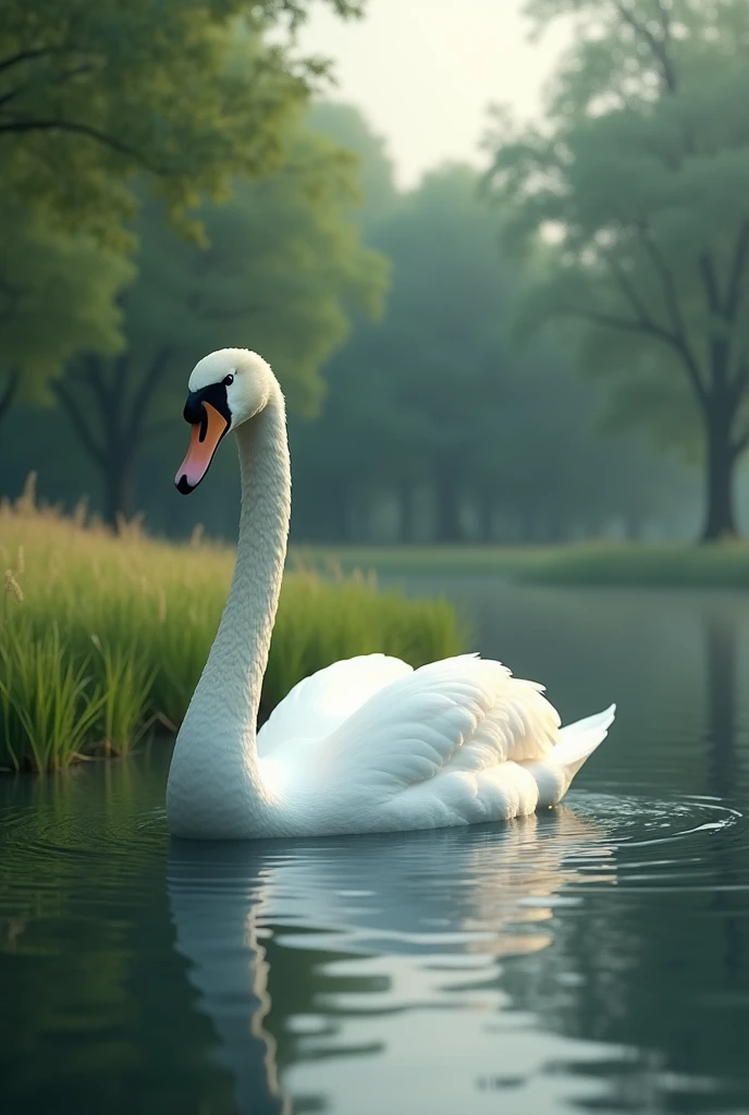 A swan on the lake, have some trees and grass behind, dreamy vibe
