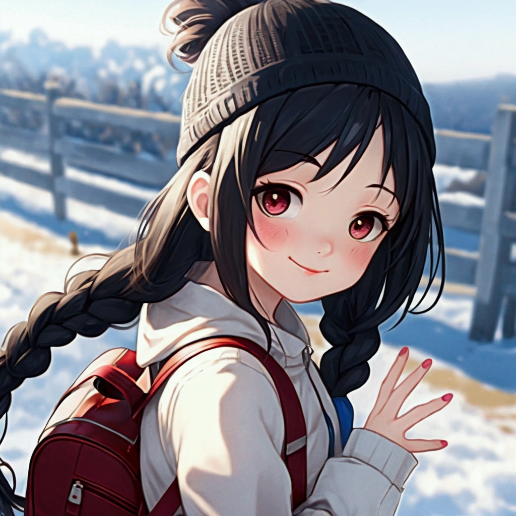 (alone:1.5),girl1人\(very cute,Soft Skin,(girl:2.0),red面,child'Body Type,Dark Eyes,Black Hair,Shiny Hair,Braided twin tails,Pink Skirt,White jacket(Blue Ribbon\),Japanese school bags(red\), Character Focus,Front view,Cute Smile,Please wave your right hand,white breath,Ministry of Rural Affairs,shining white snow,blue sky,Beautiful Clouds,quality\(8k,Very detailedなCGユニットの壁紙, masterpiece,High resolution,top-quality,top-quality real texture skin,Surreal,Increase the resolution,RAW Photos,highest quality,Very detailed,Cinema Lighting,Ray Tracing,)