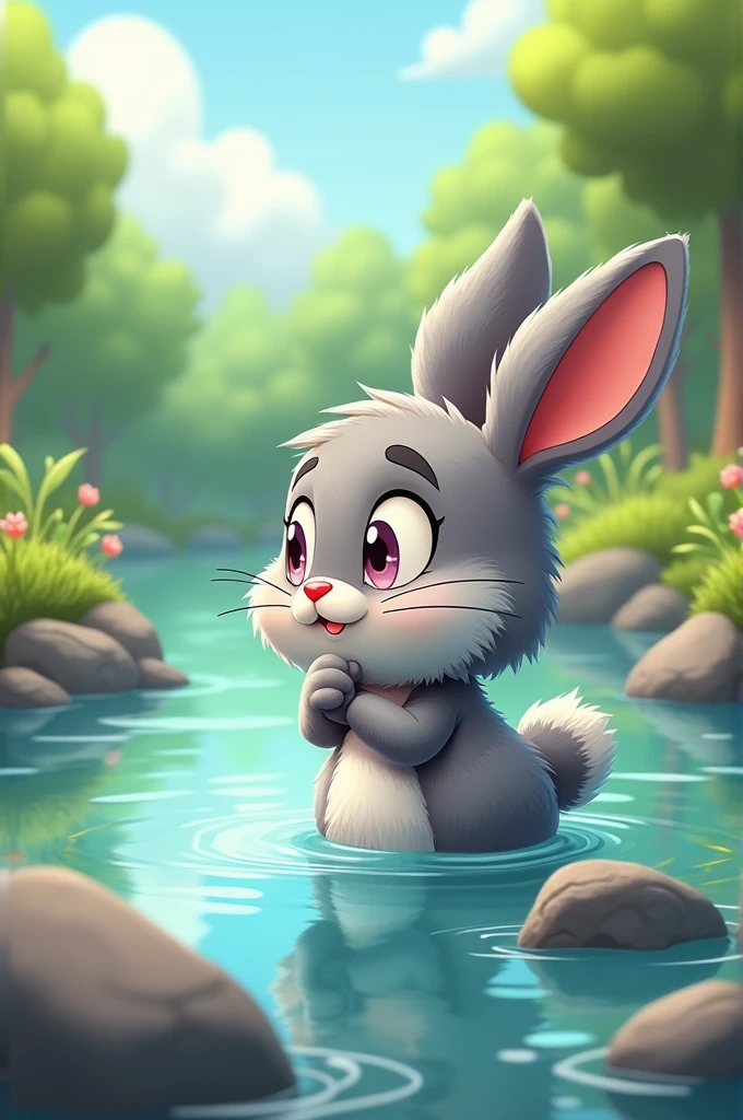 One day a rabbit wanted to cross the river, but he did not know how to swim cartoon image