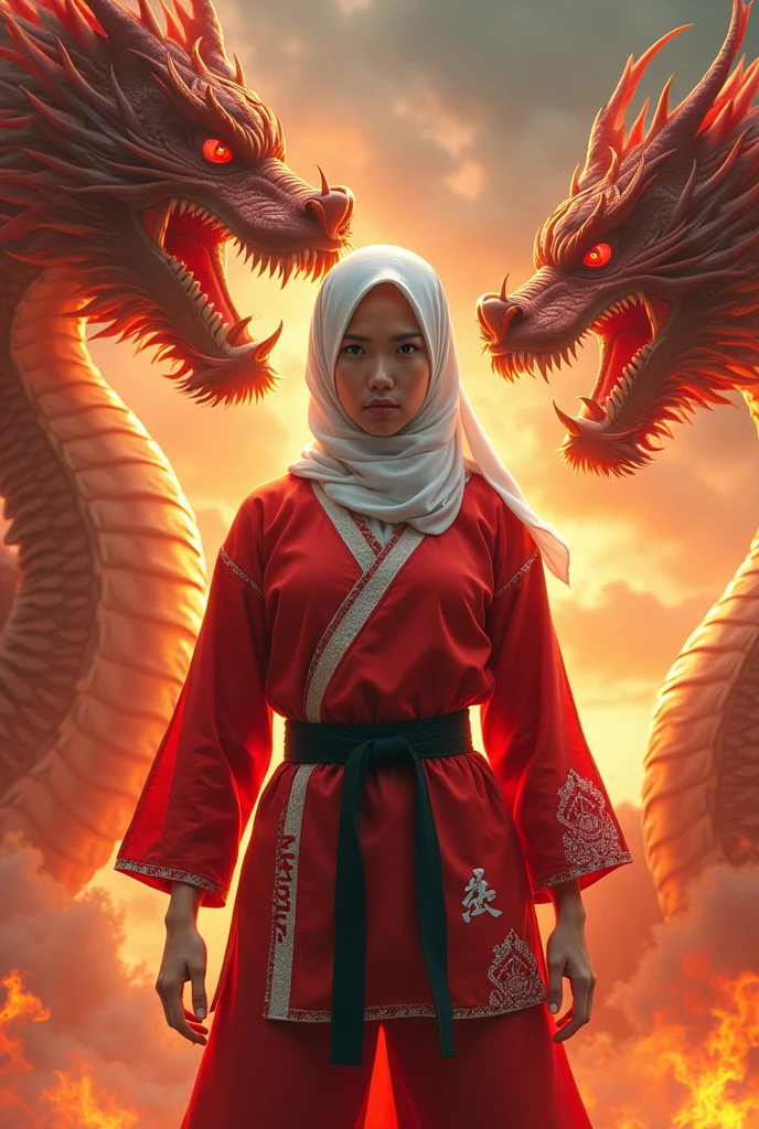 young woman in hijab with red and white karate uniform with "Miya" written on it surrounded by dragons and fire