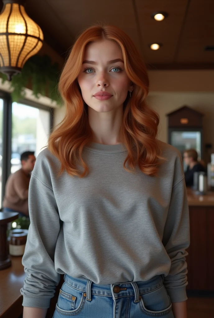 HD screencap from Legally Blonde, a stunningly beautiful, prissy 18-year-old white girl with auburn hair, immaculate makeup, sparkling blue eyes, and a perfect hourglass figure, waits for her order in a coffee house wearing a gray sweatshirt and jeans