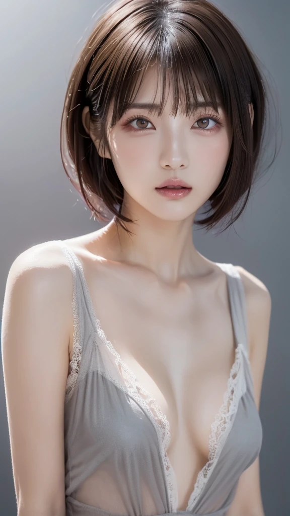 ((Bust up shot:1.6))、One Woman、whole body、Standing front,Beautiful legs、1 photo、((Flat and small :1.7))、((Slook:1.8))、((Photo of your ID:1.4))、((Apply beautiful makeup:1.7))、((A pale cherry color for moisturized lips:1.5))、((Girl in white strapless negligee:1.5))、((No underwear:1.5))、Natural Shading、((Watery eyes:1.3))、(K-POPアイドル)、Serene and goddess-like beauty、((Slightly parted lips:1.3))、Natural Shading、((((Beautiful short bob cut brown hair:1.5))))、((Chestnut-haired Japanese woman)))、(Representation of Yin and Yang:1.5)、masterpiece, Highest quality, 8k, high resolution, (Upper Body:1.4), Beautiful girls, Beautiful Face, Looking at the audience, Surreal, High resolution, Sharp focus, High resolution, フェイスLight, Dynamic Lighting, Light, Professional Shadow, Simple Background, (Dull grey background:1.4), Highest detail, Very detailed, Very detailedな, In detail, Real Skin, Delicate facial features, Detailed face and eyes, Sharp pupils、Live Action Idol