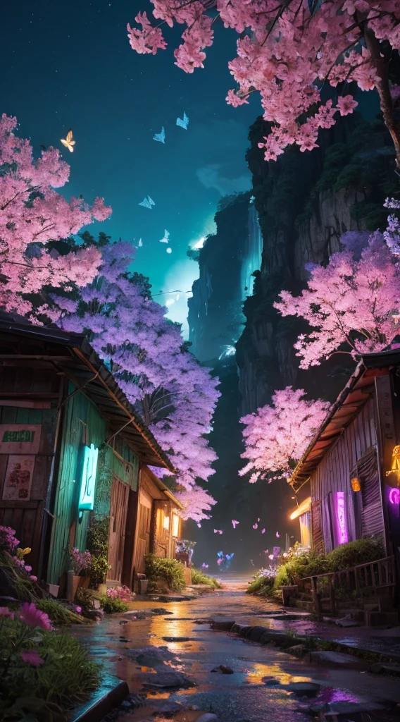 anime landscape, ugly, 4k, with neon butterflies, flores