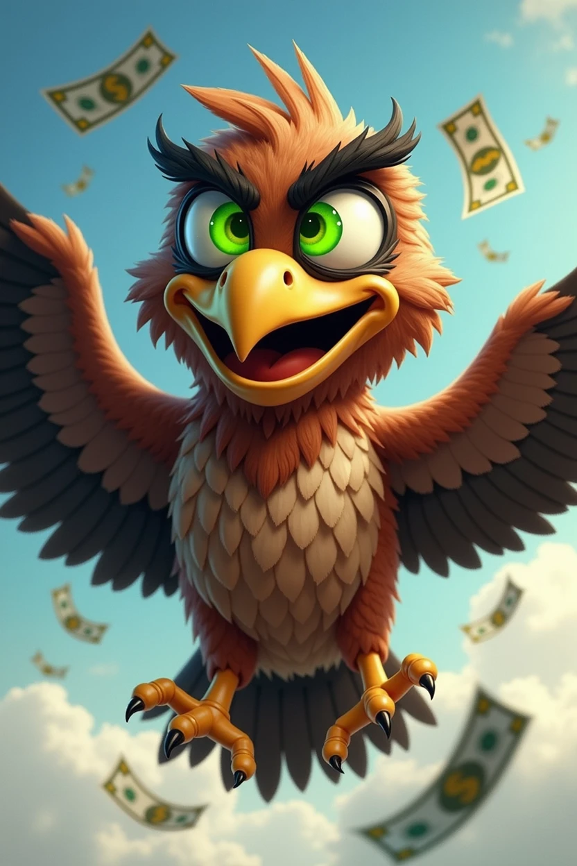 Image Description:

A caricatured hawk, with a lively and expressive look, who embodies the idea of a bargain hunter. He has big, bulging eyes, with pupils shaped like green dollar signs, symbolizing his obsession with savings. Its beak is big, bent over and smiling, exuding confidence and cunning. He must have an expression of eagerness, with a touch of humor, reflecting the idea of always being on the hunt for the best deals.

Specific Details:

Head and Eyes: The hawk has a disproportionately large head, with eyes that take up a good part of the face. Dollar-shaped pupils glow green, with a touch of madness, but friendly.
beak: Its beak is wide and smiling, curved at the tip, with a glow that indicates his intelligence and agility.
Farbepo: The hawk&#39;s body is muscular, but with a cartoonish air, its wings are large and open, as if ready to fly towards the next big deal.
Farbe: The plumage is a deep brown, with black details on the wings and tail. There is also a metallic sheen on the body., symbolizing how quickly he finds promotions.
context/Background: The background can be a sunny sky or with clouds., but the main focus is on the hawk, with a subtle detail of money notes or price tags flying around it.
