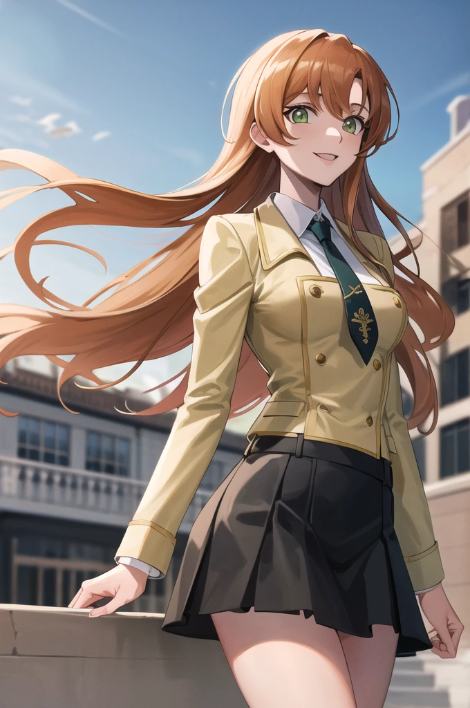 masterpiece, best quality,score_9, score_8_up, score_7_up, score_6_up, score_5_up, score_4_up,masterpiece, best quality,masterpiece, Highest quality, High resolution, Humusil, Long Hair, Green Eyes, school uniform, Yellow Jacket, Black Skirt, tie, Pleated skirt, Cowboy Shot, Outdoor, smile,