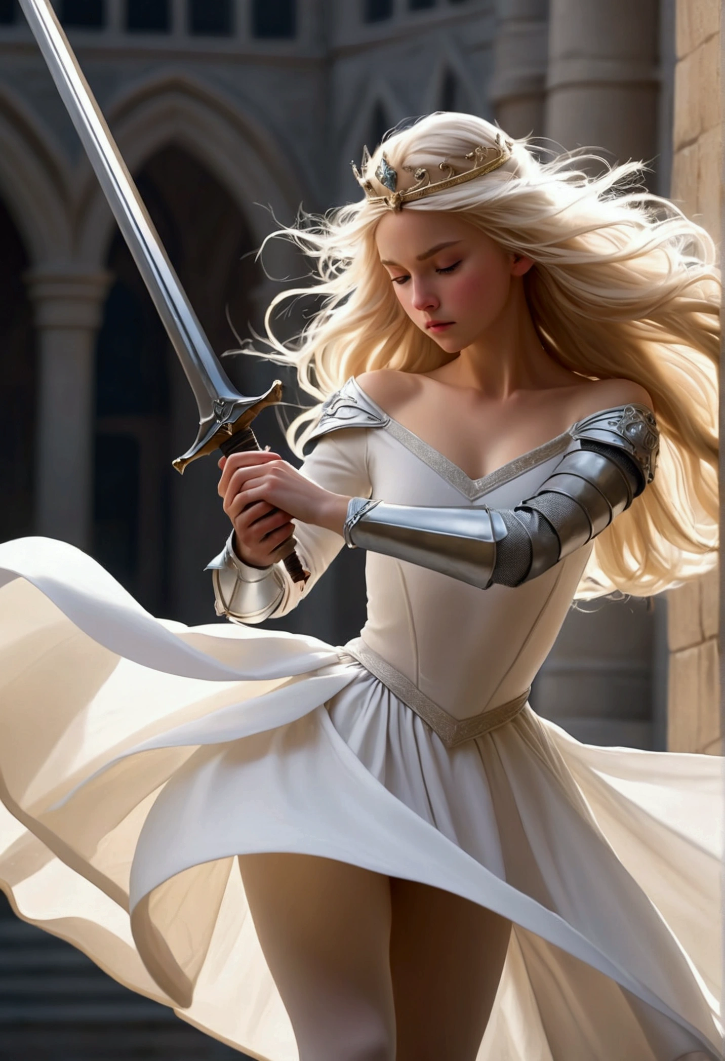 A girl with long blonde hair that seemed to shine and as if her hair was being blown by the wind wearing armor and a white ballet skirt wearing a small tiara holding a sword and was being cruelly felt the gust of wind.