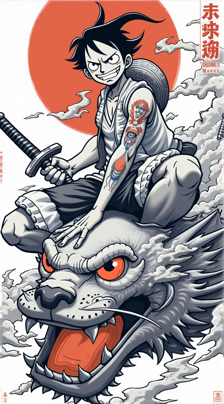a drawing of a Luffy with a sword sitting on a Dragon's head, inspired by Kanō Hōgai, Inspired by Shunkōsai Hokushū, inspired by Kawanabe Kyōsai, inspired by Kikuchi Yōsai, shohei otomo, samurai style, inspired by Tōshūsai Sharaku, afro samurai manga style