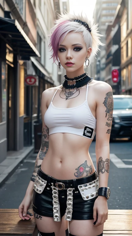 Here are some tips for the first topic:： quality, 8k, 32K, On the table:1.3), Super detailed, (Realistically:1.4), White, Albinism, Punk Girl, Detailed eyes, Upper body, Gorgeous punk hairstyles, Avant-garde punk fashion, avant-garde makeup, Many piercings, Has lots of tattoos, Street Background, Backlight effect, Shallow depth of field, Ambiguous background"