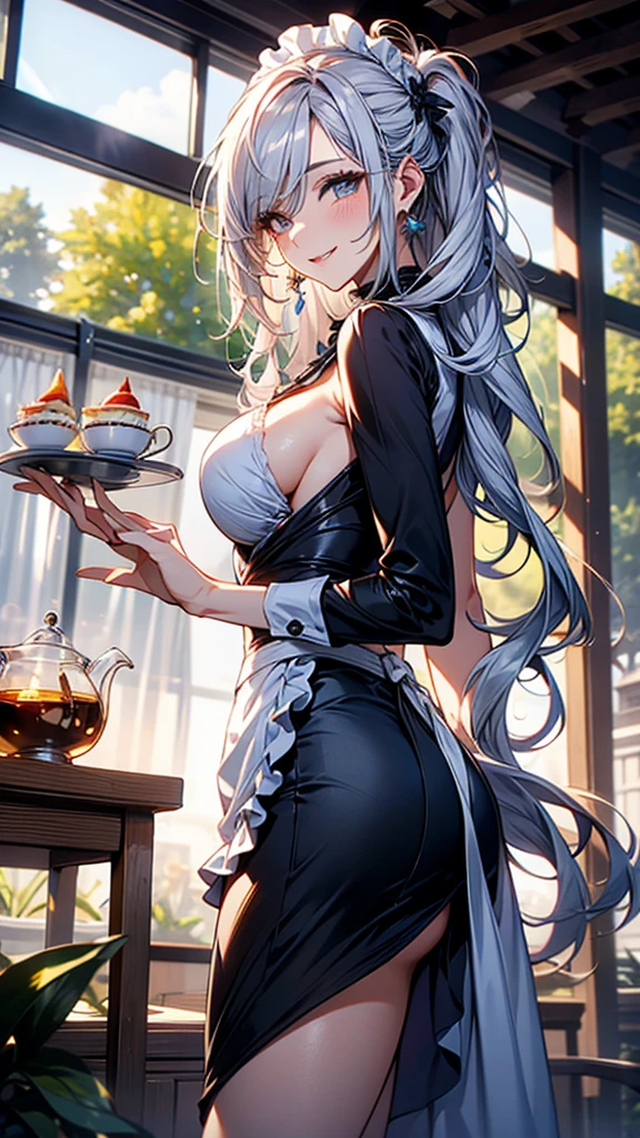 (Masterpiece, best quality), (ultra high resolution, 8K RAW photo, photo realistics:1.5, textile shading, thin outline), Beautuful Matured woman preparing tea-party in the garden, (tea set, tea pot, tea cups, some cakes on dish), Gothic table, wearing traditional dark-brown maid uniform, maid costume:1.2, long flare skirts, apron, Tall and long legs, long white hair, wearing rimless grasses, (milf:1.5, 28 years old, solo), (large breast, sagging breast, big tits, narrow waist), (long white hair, hair over one eye, updo, side lock, asymmetric hair, wavy hair), (bright pupils, detailed eyes, high detailed face, Perfect face shape, eye rush), (seductitve smiling, half-closing eyes), (looking at viewers:1.3), (dynamic angle, tighs focus, from side below:1.2), ((correct anatomy:1.5, correct hands)), (ideal ratio of body proportions), outdoor, glass garden,