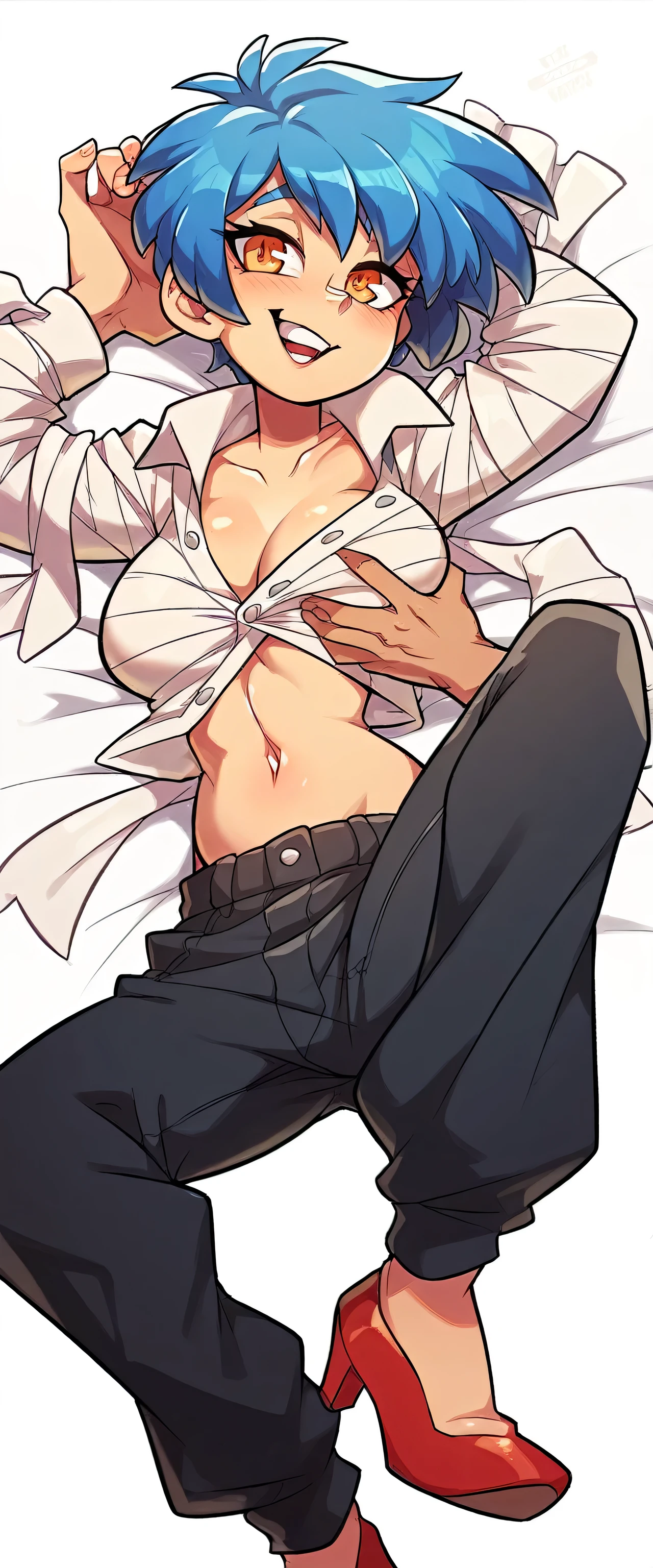 a beautiful sexy cute attractive beautiful woman with navy blue hair disheveled short cut in front of her orange eye wears a referee blouse with buttons black white stripe shows belly button long black pants red heels sex love bed touching breast chest bubi