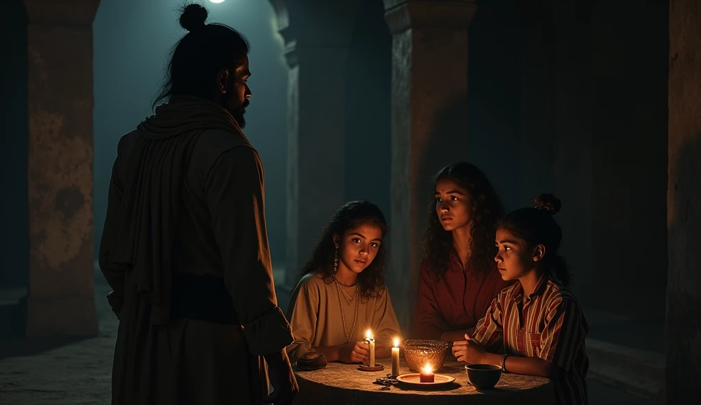 "Veeravar returns home at night and informs his wife, son, and daughter about the need to sacrifice their son. The family, with solemn yet determined expressions, listens intently. The dimly lit room adds to the seriousness of the situation."