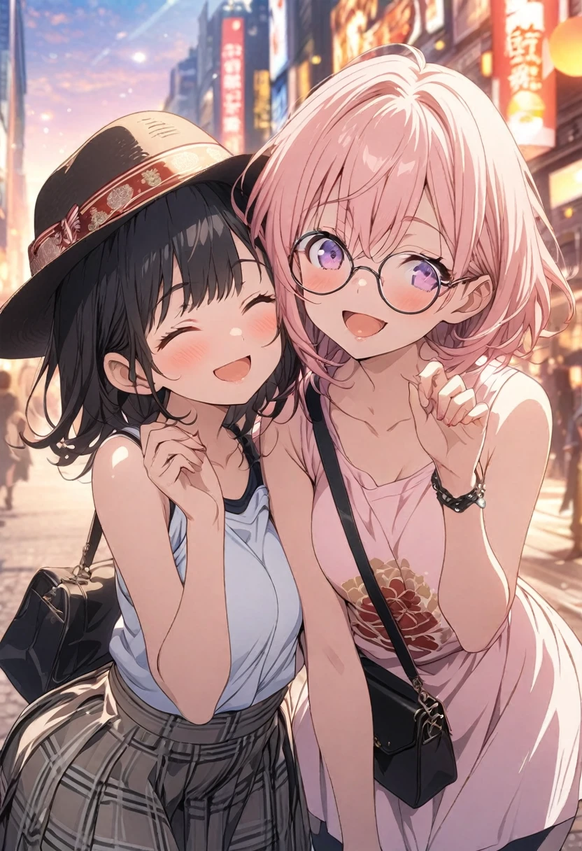 Two Girls, masterpiece, Highest quality, Highly detailed CG Unity 8k wallpaper, Anime illustration. Wear an oversized tank top, She is wearing a red and black checked skirt.., paw poseのポーズ, She closes her eyes and opens her mouth wide, smile. Pink Hair Color, Light purple eyes,Short Bob,Round Glasses, Bokeh, Street Style Fashion, Wear a hat, Shoulder bag included, Lens flare, The rising sun, Pink Sky, The background is the cityscape, Bokeh photo, (Soft Focus): 1.2, Out of focus highlights, Dreamy atmosphere, Fascinating Depth