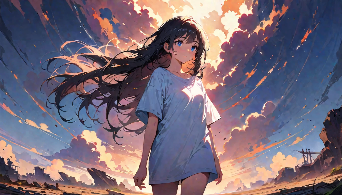 (best quality:1.4),masterpiece,ultra-detailed,delicate features,delicate skin,realism,beautiful lighting,cowboy shot,1girl,black hair ,blues eyes ,tareme,long hair,gleaming skin,glasses, oversized t-shirt, wasteland, , nipple wet t-shirt