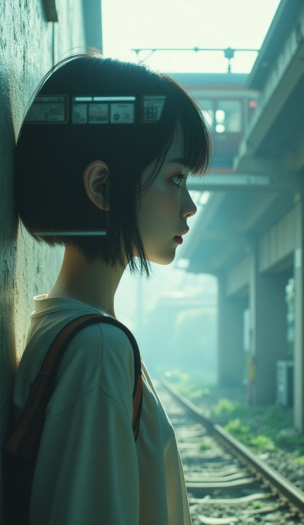 Edit Photos,Highly detailed background,Ultra-realistic,Double exposure,Depth of written boundary,Summer atmosphere,Soft Focus Tone,Story Scene,Very thin,Straight hair,short cut bangs,super slim eyes,Train passing through viaduct,Underground,From below,
