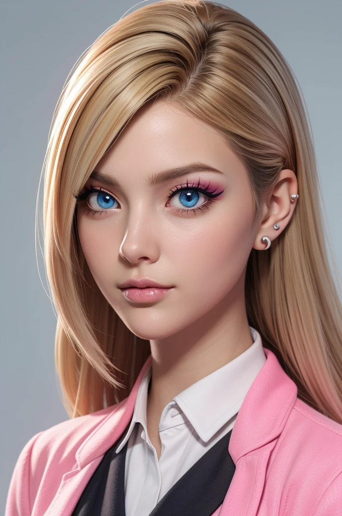 masterpiece, best quality,3d rending work,3DMM style, close-up, portrait, 3D,1girl, solo, perfect face, long hair, academy blue school uniform , long light blonde hair dyed with tint of pink color and with cute fluffy bangs well styled, hair dyed with pink color, detailed light blue eyes highlight light reflecting in her eyes, looking straight to the viewer, realistic, upper body, white background, colorful lighting, lips, edgy makeup, black shade of makeup on eyelids, ear piercing, fair skin, perfect hourglass body, she has sharp jawline, photo card, The artwork should have the best quality, with ultra-detailed and realistic features. The color palette should be vivid, and the lighting should emphasize the character's facial structure and expression.