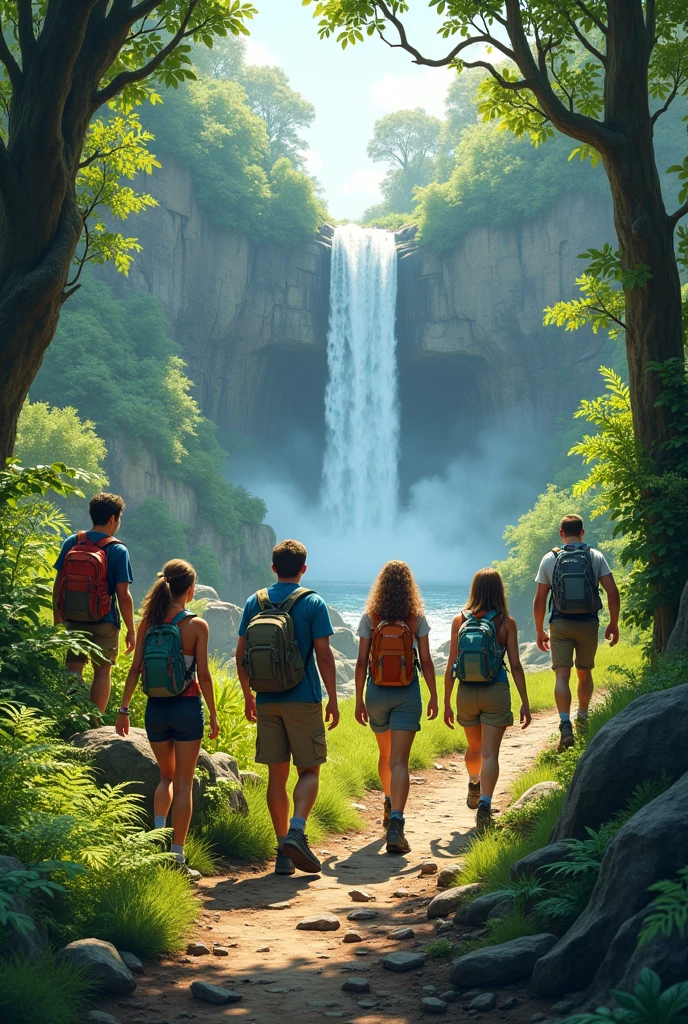 Group of friends hiking to a waterfall