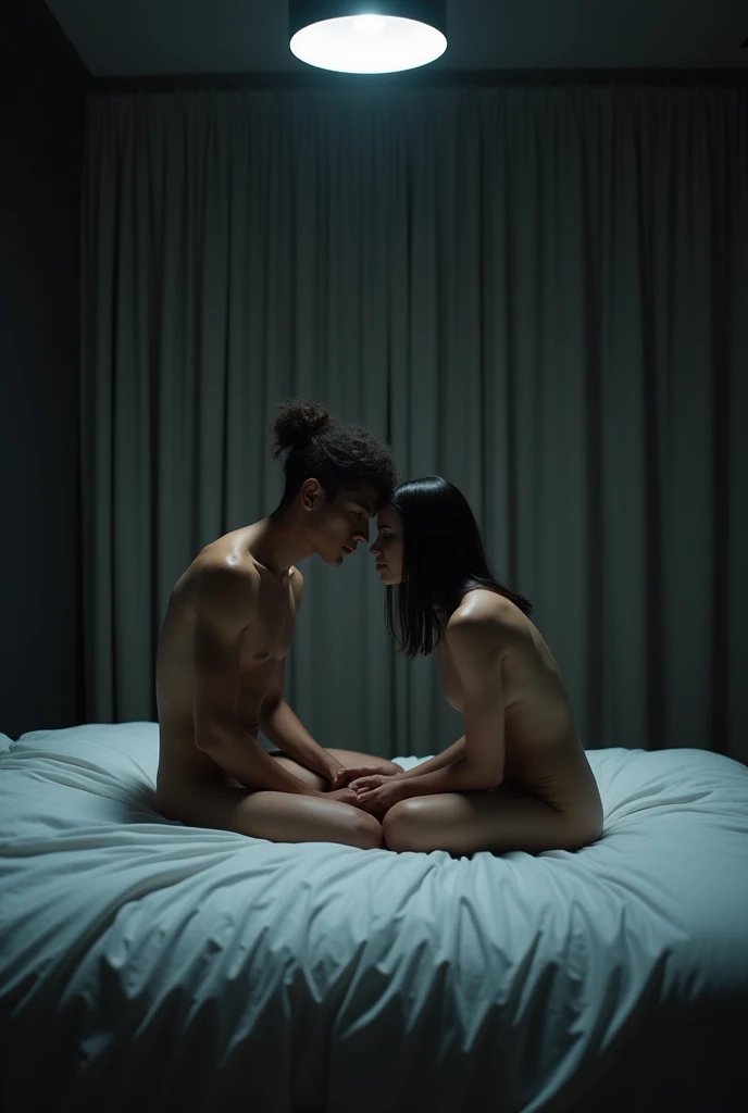 (photorealism:1.2), indian girl below male, both on bed, white bedsheet, camera from side of the bed, girl topless, male topless, long curtains behind bed, dark room, spotlight from top, missionary position, both facing face-to-face, face not visible in the dark room